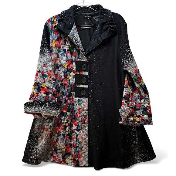 Damee Coat Abstract Painting 3 Button Half Black Half Multi XL Pockets Jacket - Picture 1 of 15